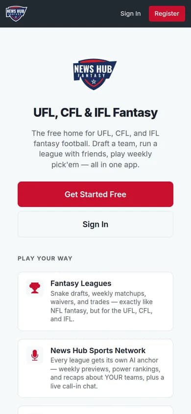 News Hub Fantasy homepage on a mobile phone