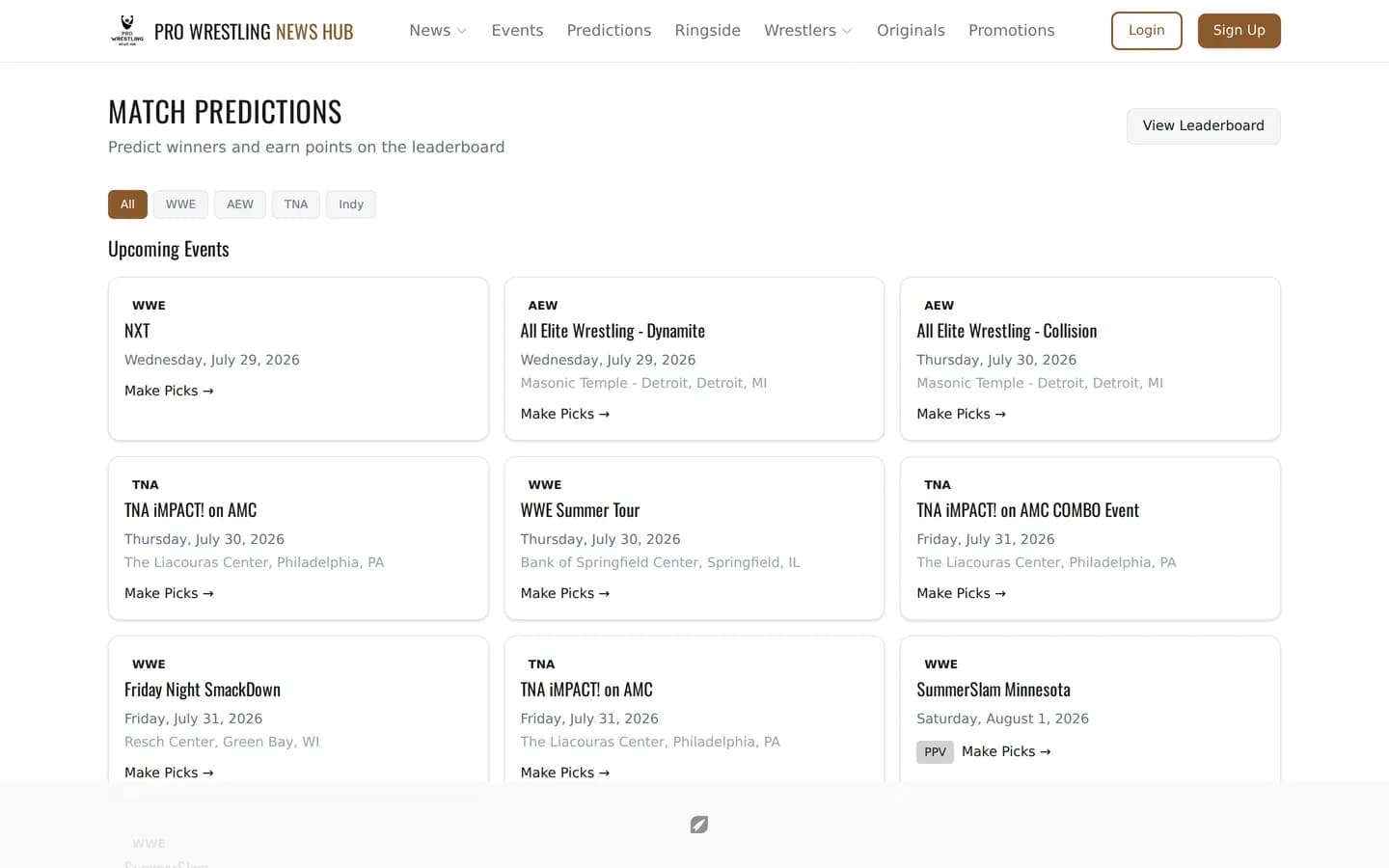 Pro Wrestling News Hub match predictions interface