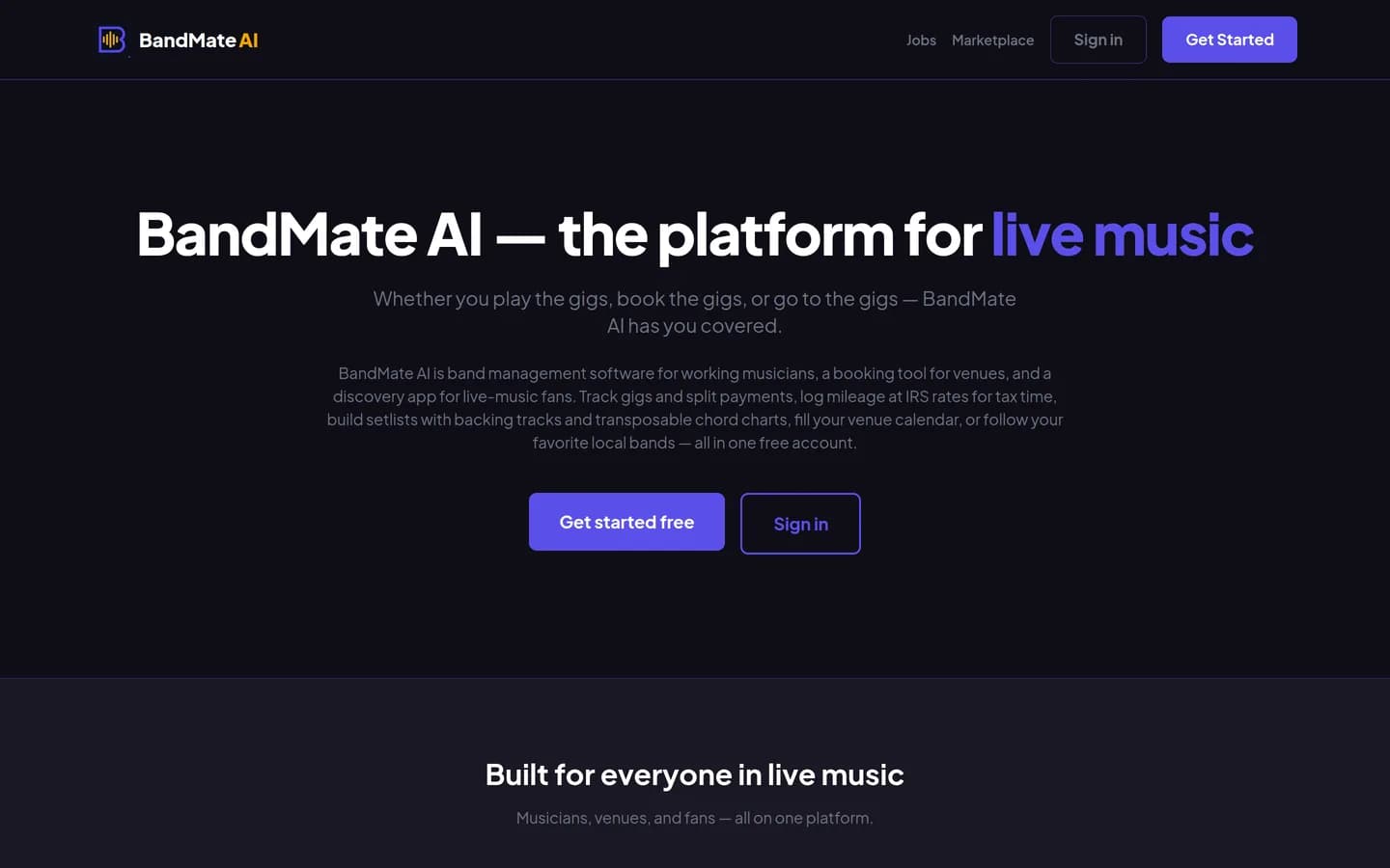 BandMate AI homepage — the platform for live music