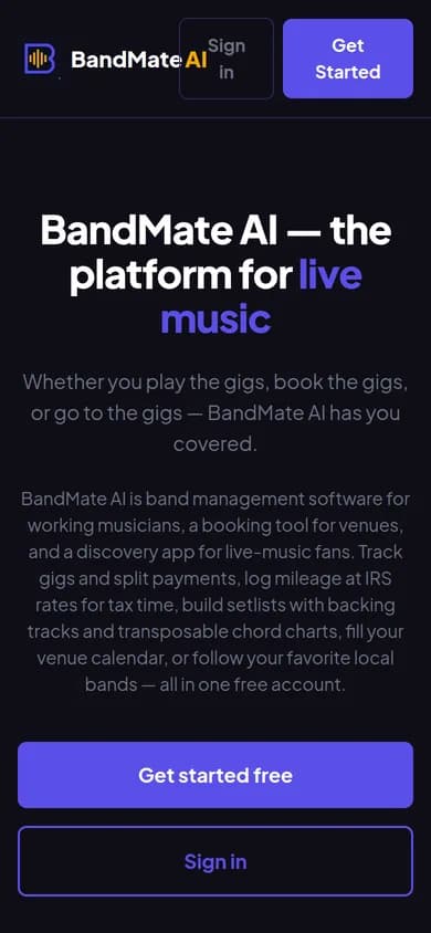 BandMate AI homepage on a mobile phone