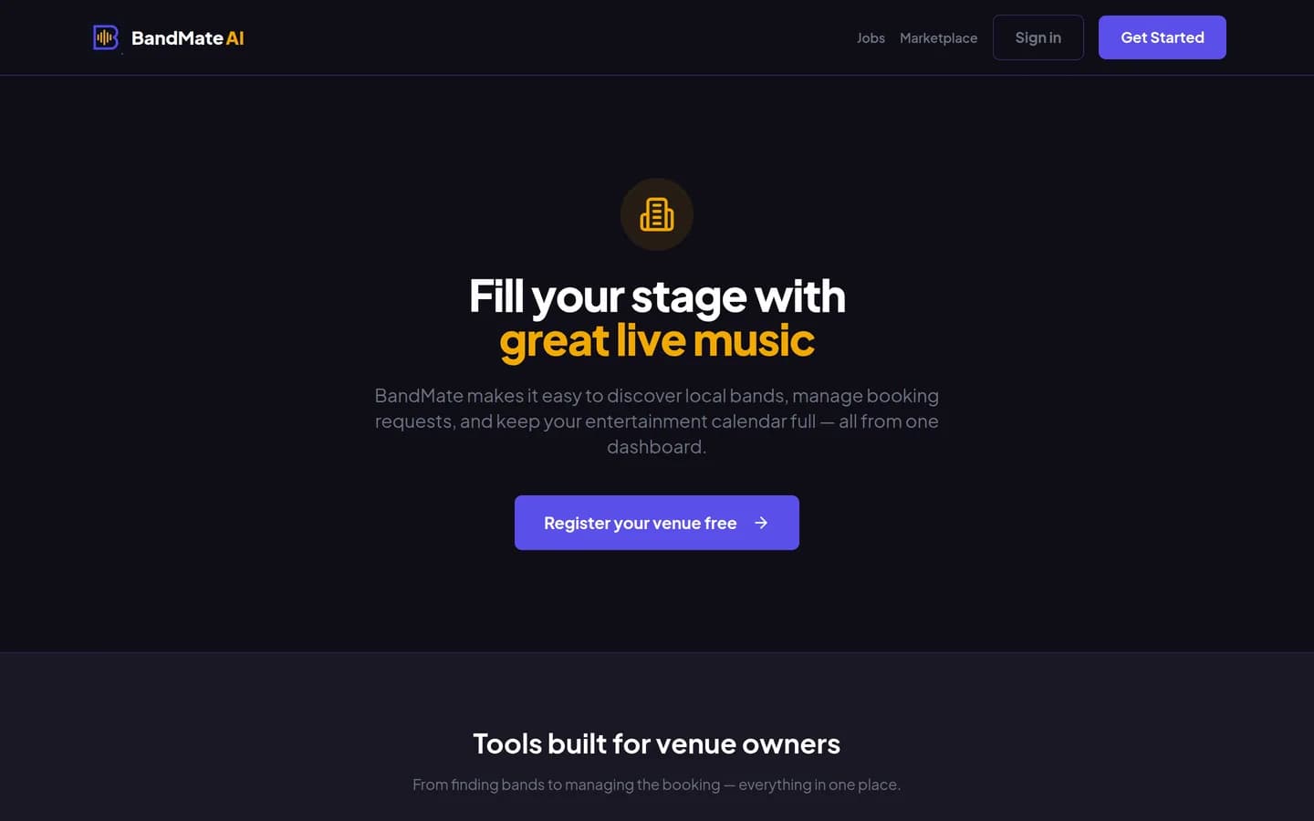 BandMate AI for venues — booking management and band discovery