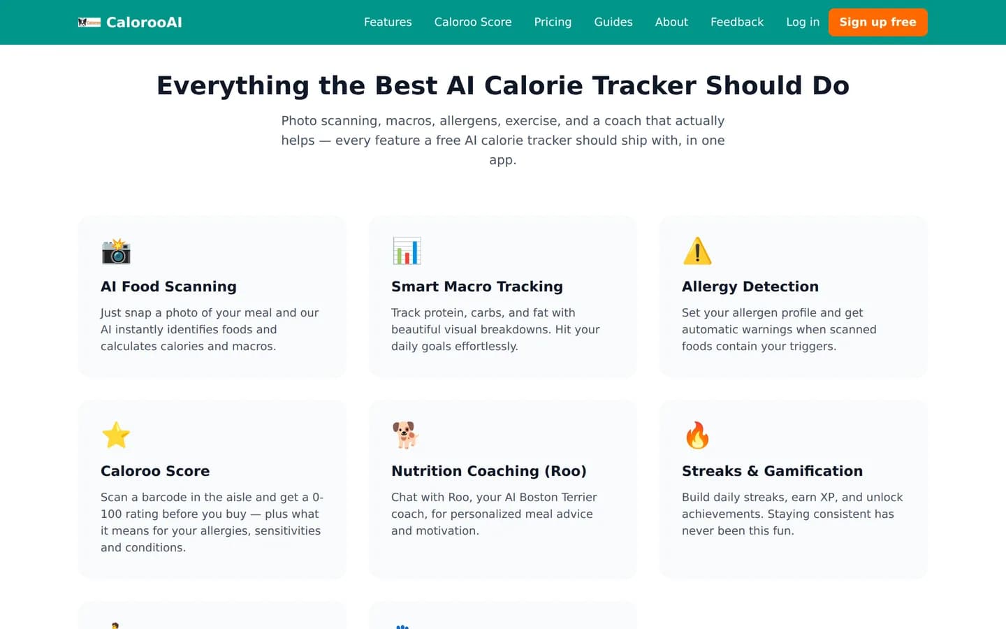 CalorooAI feature grid — AI food scanning, macro tracking, allergy detection and Caloroo Score