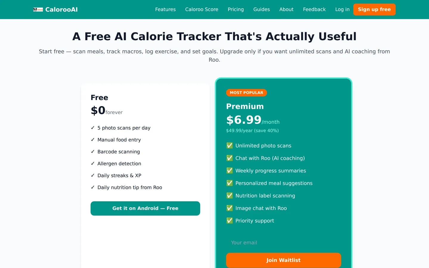 CalorooAI pricing showing free and premium tiers