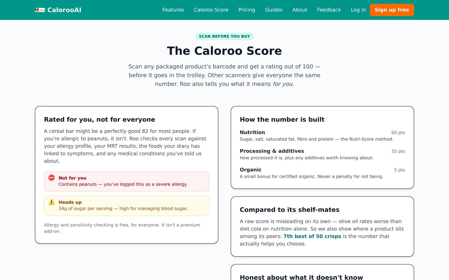 The Caloroo Score section explaining the 0-100 food rating