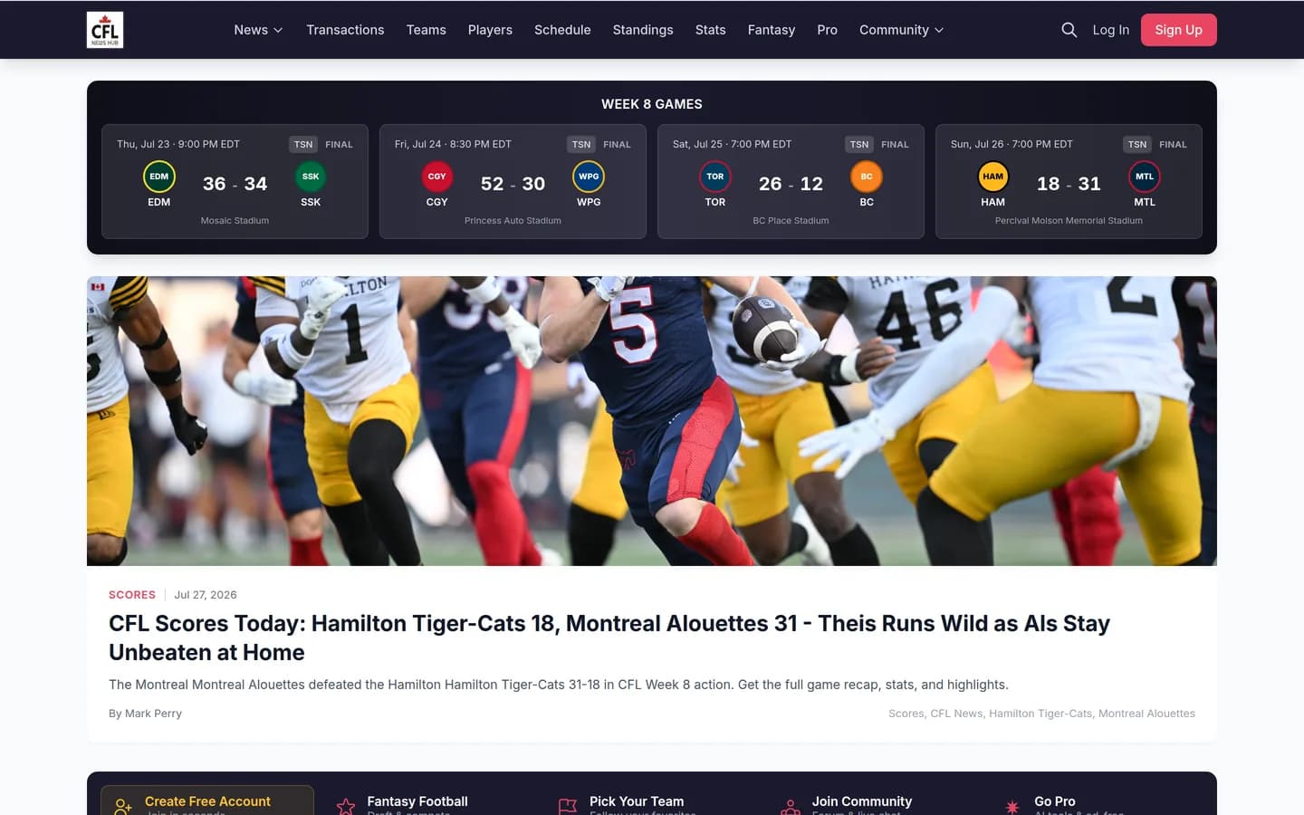CFL News Hub homepage showing Week 8 live scores and the lead story