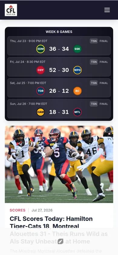 CFL News Hub homepage on a mobile phone