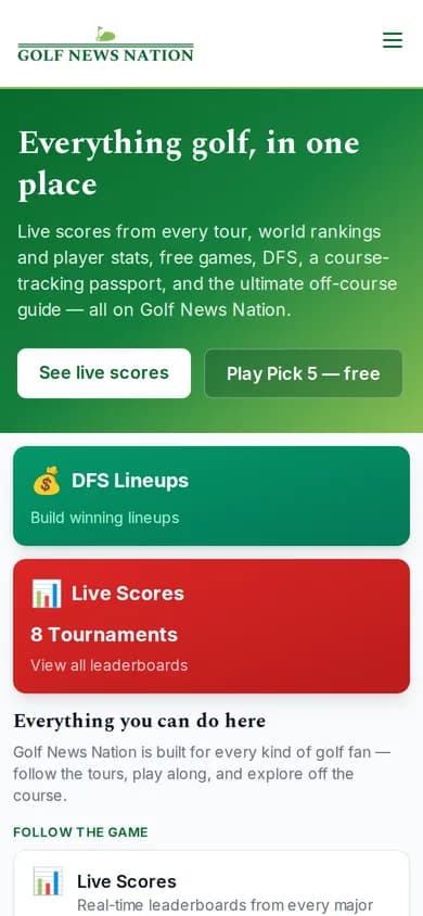 Golf News Nation homepage on a mobile phone