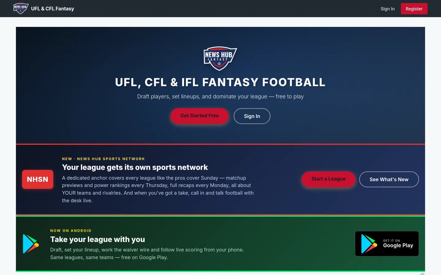 News Hub Fantasy homepage for UFL, CFL and IFL fantasy football
