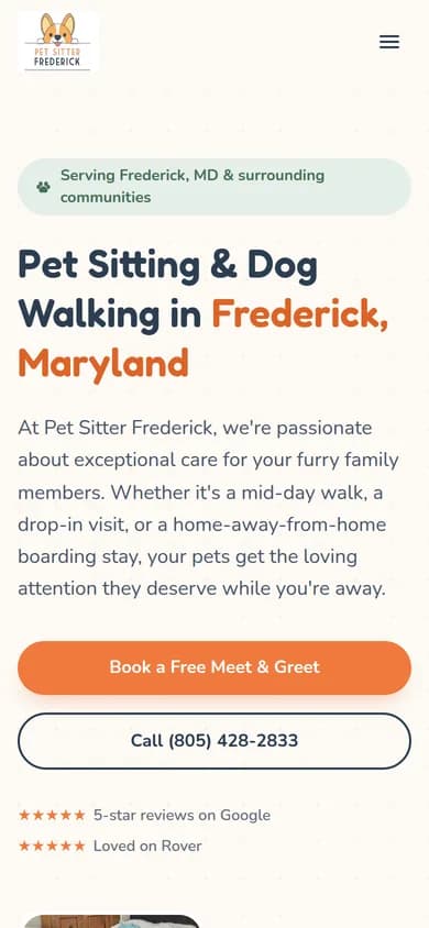 Pet Sitter Frederick homepage on a mobile phone
