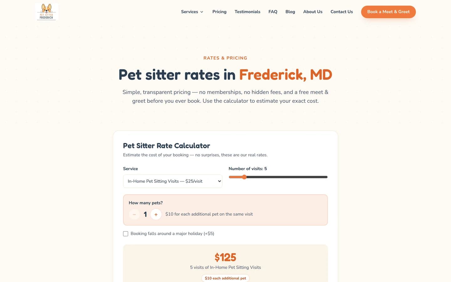 Pet Sitter Frederick pricing page with the pet sitter rate calculator