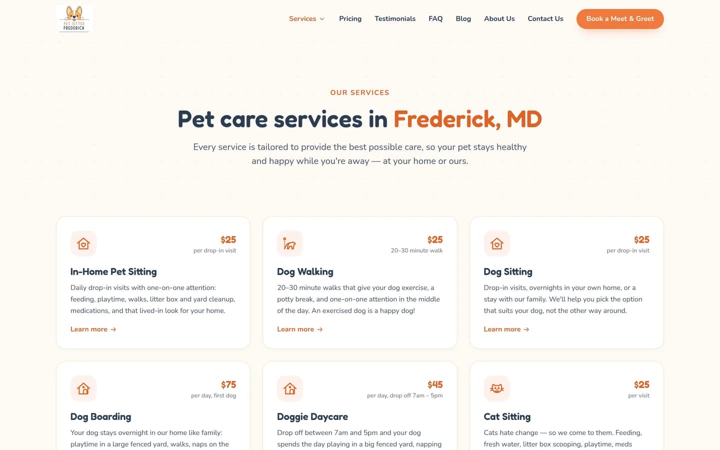 Pet Sitter Frederick services page listing each service with its price