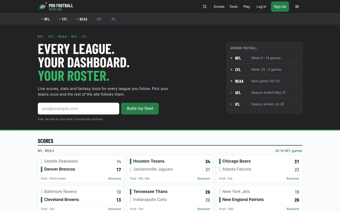 Pro Football News Hub homepage — every league, your dashboard, your roster