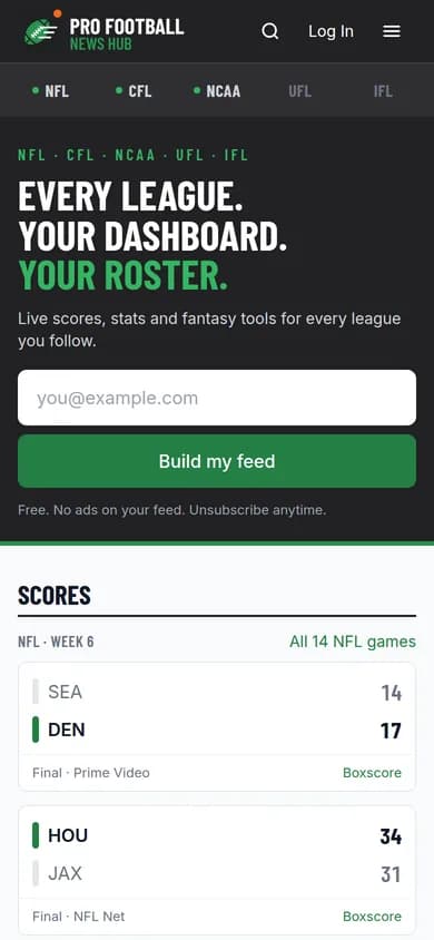 Pro Football News Hub homepage on a mobile phone