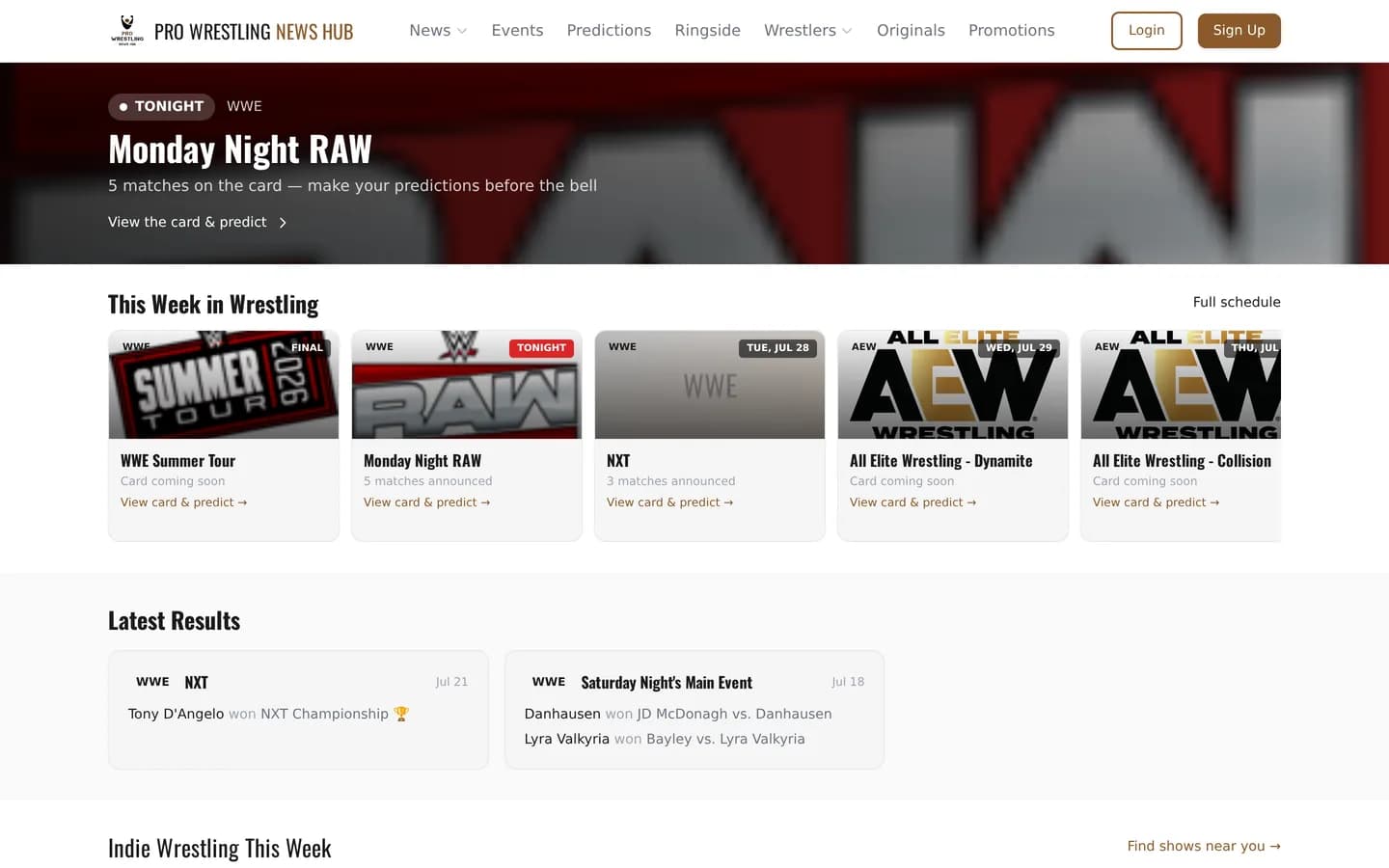 Pro Wrestling News Hub homepage with tonight's Monday Night RAW prediction card