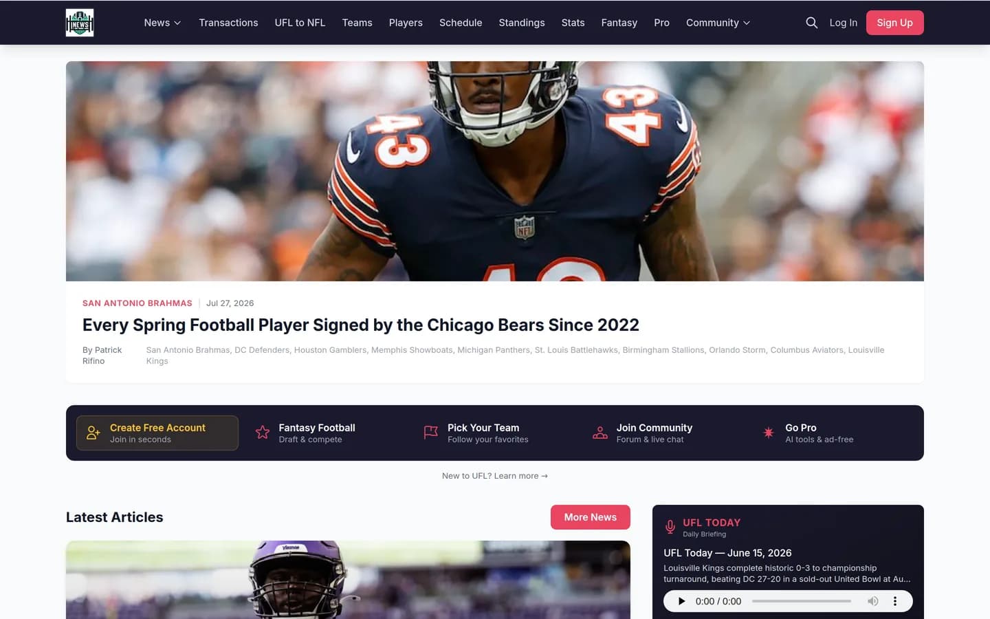 UFL News Hub homepage with breaking United Football League news