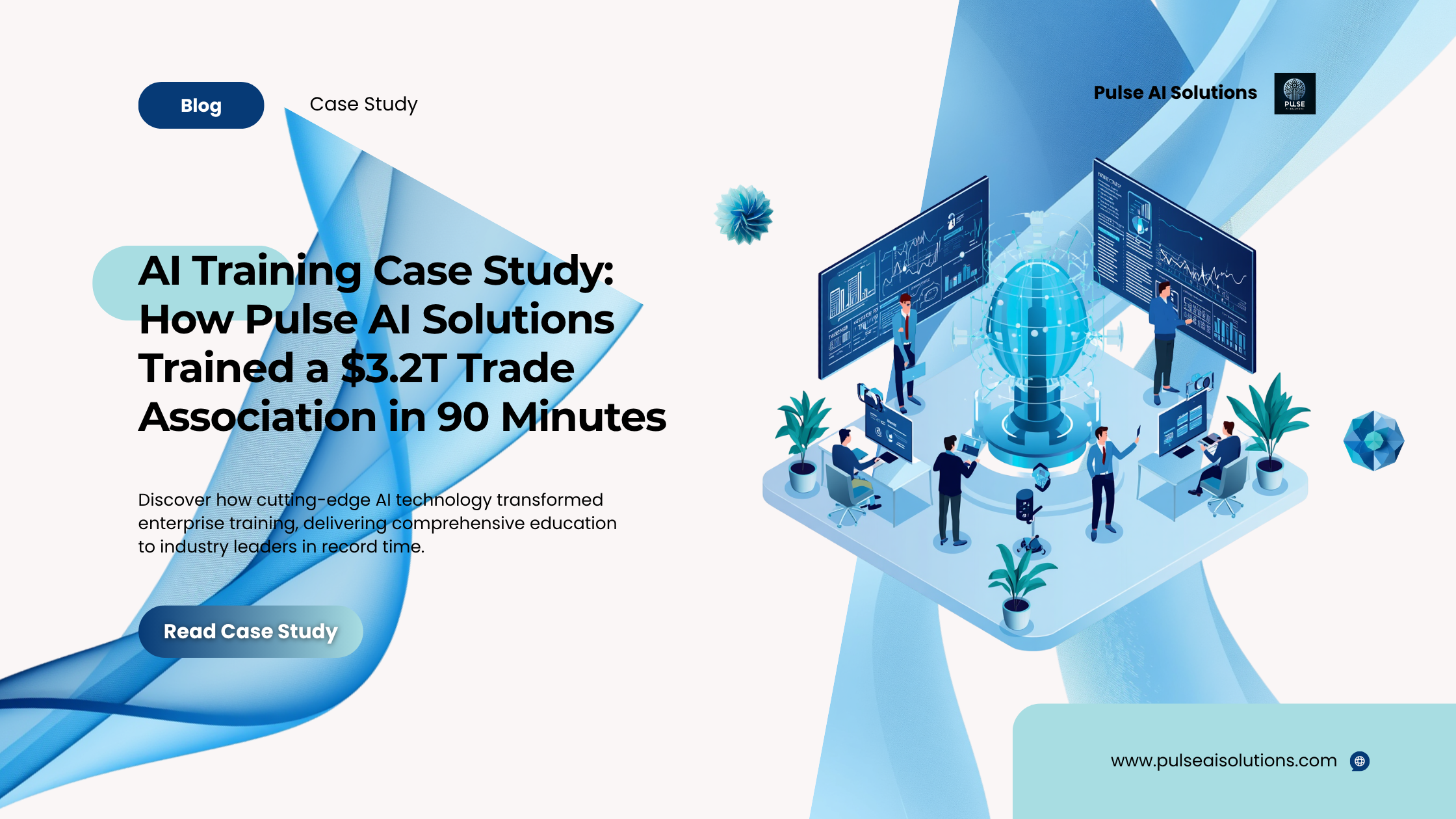 Hero banner: AI Training Case Study headline for Pulse AI Solutions with a 'Read Case Study' CTA.